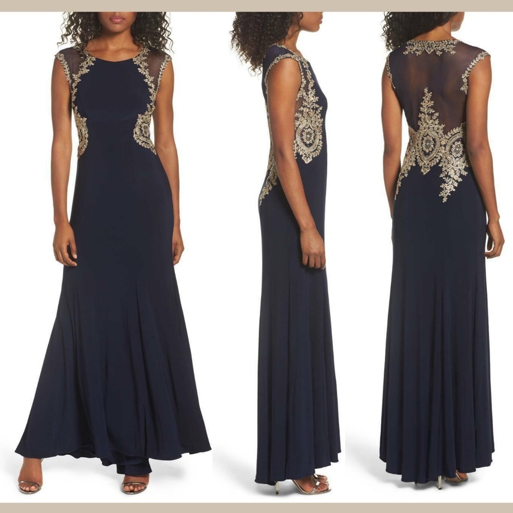 NEW‎ XSCAPE Embellished Jersey Gown in Navy/Gold [SZ 4 ]